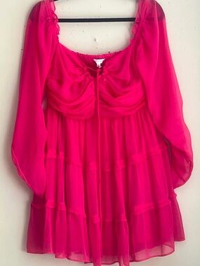 Sheer Hot Pink Tiered Long-Sleeve Mini Dress